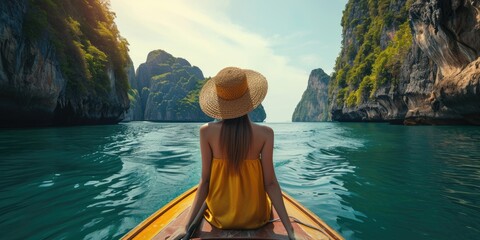 A woman with sun straw hat on a boat outside an island resort in southern Thailand - obrazy, fototapety, plakaty
