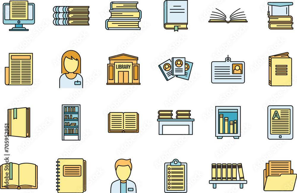 Poster university library icons set. outline set of university library vector icons thin line color flat on
