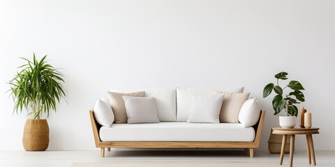 Real photo of a white living room with a wooden sofa, cushions, plant, and armchair.