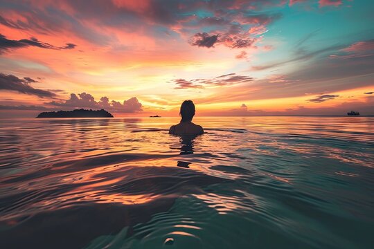 Serenity at Sea - Woman Embracing Horizon - Sunset Colors - Reflective Waterscape - Generative AI