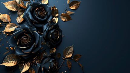 dark blue roses with gold leaves on solid dark background - valentine's day card design background element with copy space - generative ai