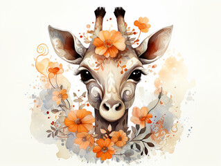 Giraffe with colorful orange flowers on white