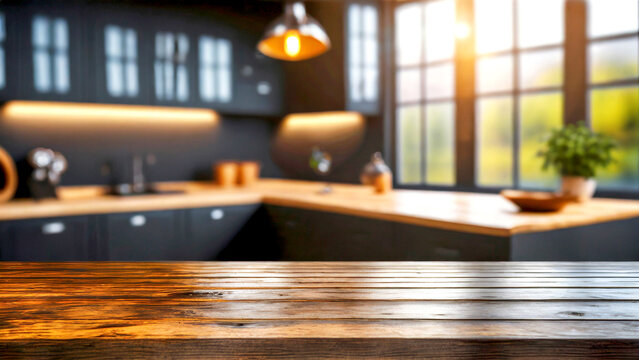 Küchentisch im Vordergrund im Hintergrund eine Küche im dunklen Holz