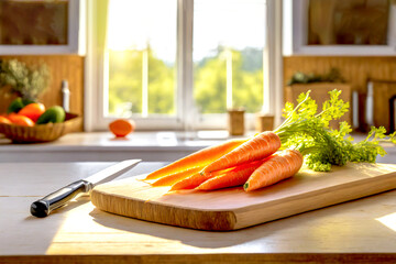 Karotten am Schneidebrett mit Messer in Küche  - obrazy, fototapety, plakaty