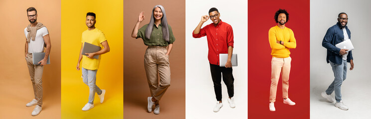 A dynamic collection of full-body portraits features young adults in casual and semi-formal attire...