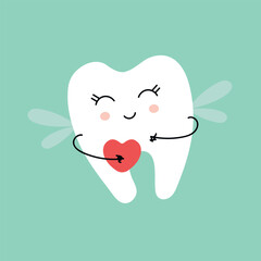 Cute tooth fairy with heart. Children tooth fairy. Baby girl first lost tooth concept. Concept of medical cabinet, children dentistry. white tooth icon on a blue background