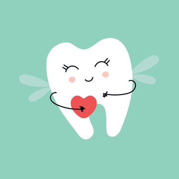 recommend clip art: Cute tooth fairy with heart. Children tooth fairy. Baby girl first lost tooth concept. Concept of medical cabinet, children dentistry. white tooth icon on a blue background