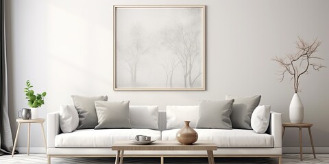 Fototapeta na wymiar Contemporary living room design with poster frame, sofa, table, decor, pillow, and accessories.