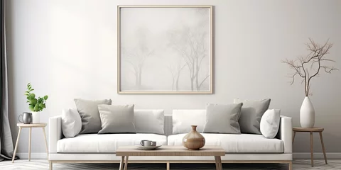 Rolgordijnen Contemporary living room design with poster frame, sofa, table, decor, pillow, and accessories. © Vusal