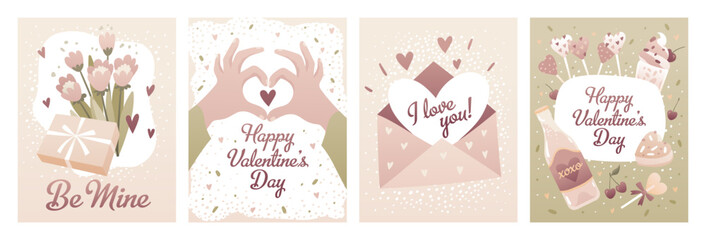 Fototapeta na wymiar Valentine's Day card design set. Romantic love elements. Concept for postcard, poster. Tender vector illustrations of hearts, hands, flowers, sweets.