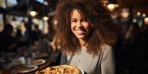 A young woman savoring a delicious pizza in a trendy restaurant, enjoying a moment of happiness and satisfaction in a modern setting.