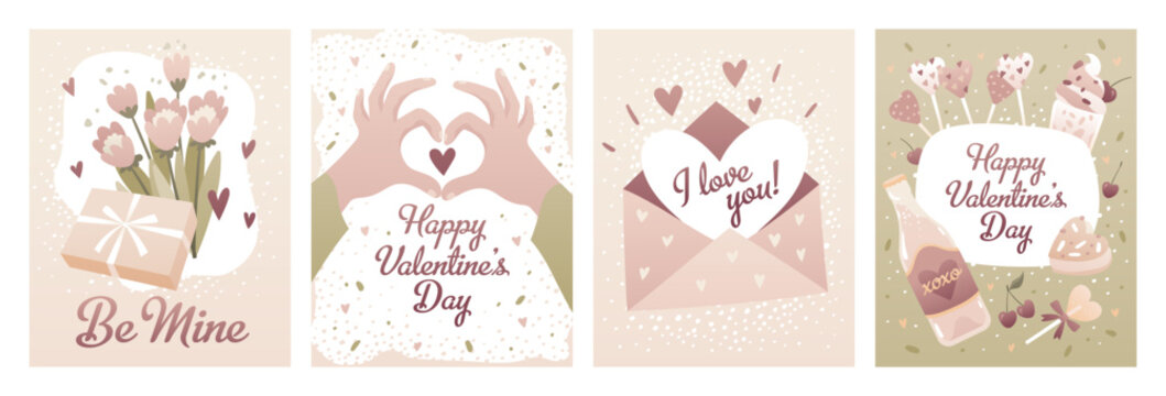 Valentine's Day card design set. Romantic love elements. Concept for postcard, poster. Tender vector illustrations of hearts, hands, flowers, sweets.
