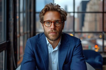 Obraz premium A confident and successful young businessman in a stylish suit, exuding professionalism and confidence in an office setting.