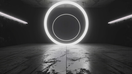 A minimalist monochrome portal emitting a bright light in a dark setting.