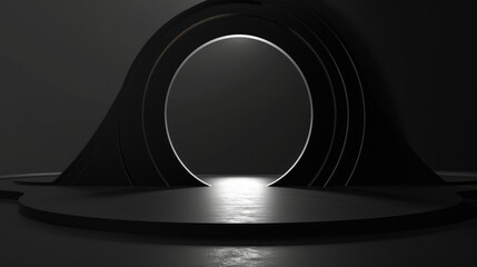 A minimalist monochrome portal emitting a bright light in a dark setting.