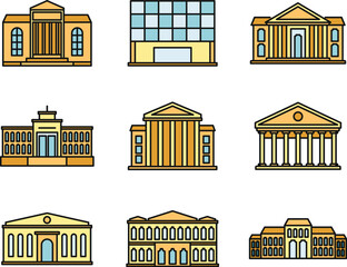 Entertainment theater museum icons set. Outline set of entertainment theater museum vector icons thin line color flat on white