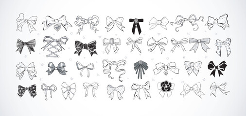 Collection of doodle ribbon bow ties with various patterns on white background. Girl style doodle illustration.