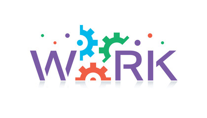 work and colorful wheel concept on white background. work word logo