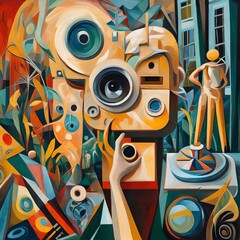 a painting of  a vintage 1980s camera. Oil on Canvas, Surrealism, Abstract Expressionism