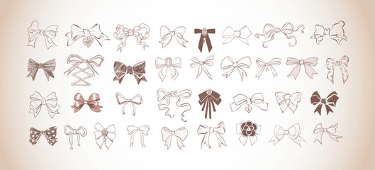 Collection of doodle ribbon bow ties with various patterns in vintage style. Girl style doodle illustration