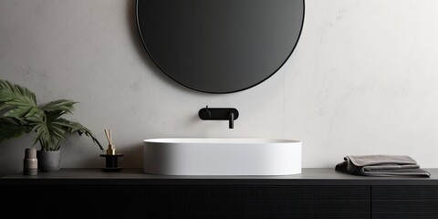 Minimal bathroom design featuring a round sink basin on white marble counter, black taps on a grey wall, with a mirror, linear LED light, and modern accessories - obrazy, fototapety, plakaty