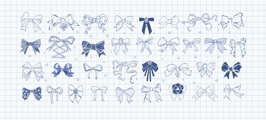 Collection of doodle ribbon bow ties with various patterns on lined paper. Girl style doodle illustration