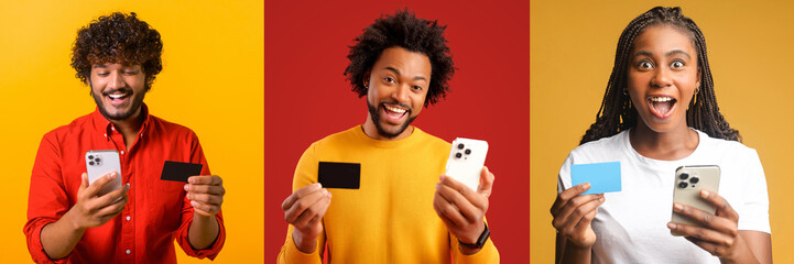 Joyous individuals from different backgrounds display mobile phones and credit cards, their...