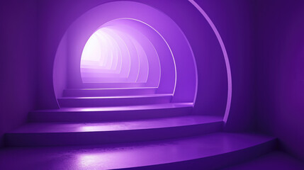A series of glowing purple arches in a futuristic passage with a staircase.
