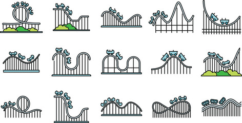Roller coaster amusement icons set. Outline set of roller coaster amusement vector icons thin line color flat on white © anatolir