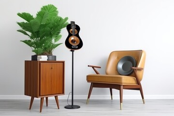 Retro mid century cushion armchair vinyl record player