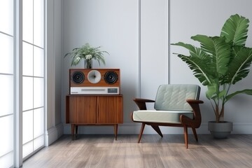 Fototapeta premium Retro mid century cushion armchair vinyl record player