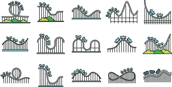 Roller coaster amusement icons set. Outline set of roller coaster amusement vector icons thin line color flat on white