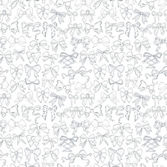 Monochromatic seamless pattern featuring hand-drawn doodle bow ties in various styles and shapes on a white background. Suitable for stylish and elegant textile or paper designs