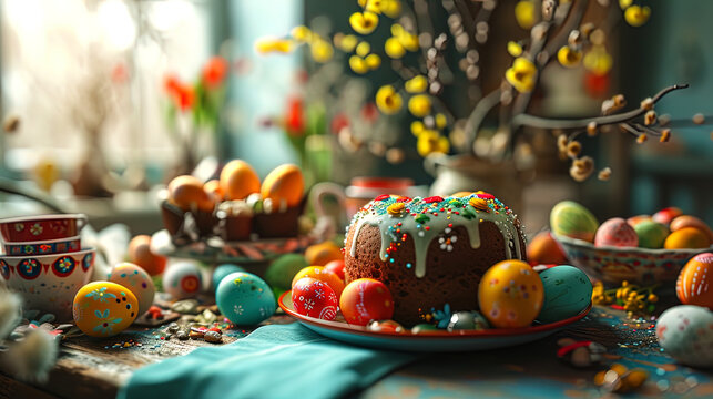 Easter breakfast with painted eggs, craft jewelry and Easter cake