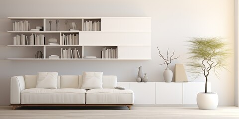 Modern living room with white furniture and storage