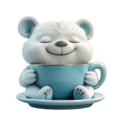 Foto op Plexiglas oso de peluche de dibujos animados sentado en un plato sosteniendo una taza de cerámica en tono turquesa entre sus garras, sobre transparente png © Helena GARCIA