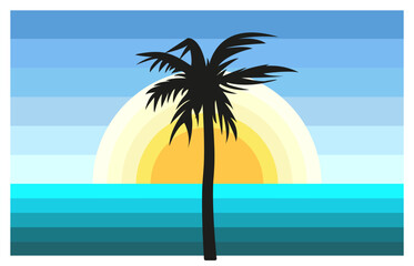 Fototapeta na wymiar Landscape of the Ocean and the Sun with Palm Tree. Vaporwave. Black silhouette of a tropical tree. Color levels. Sunrise or sunset on the beach. Palm leaves. Game drawing. Nature. Vector illustration