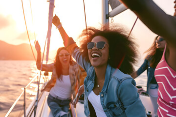 Freudige Bootsfahrt: Glückliche Menschen genießen gemeinsam fröhliche Momente auf dem glitzernden Wasser - obrazy, fototapety, plakaty