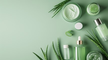 Aloe vera skincare flat lay, bottles and jars on a calming sea green surface with aloe leaves - obrazy, fototapety, plakaty