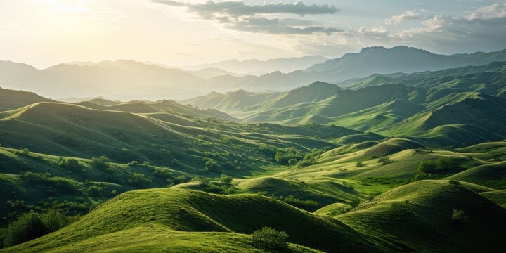 Panoramic landscape with beautiful green hills. Abstract landscape.