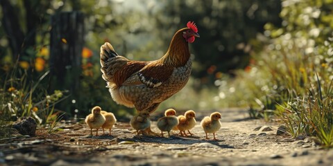 chick chicks and mother holding chicken on road farm natural scene - obrazy, fototapety, plakaty
