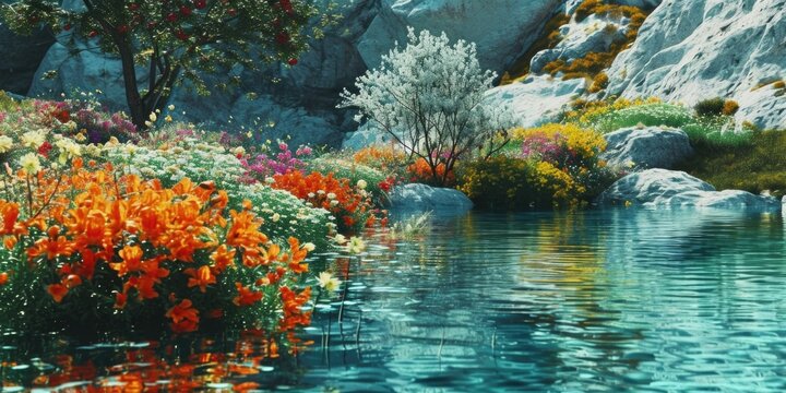 pond of flowers in the mountain stock photo ogsmia, in the style of romantic