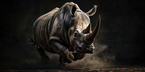 rhino running in the dust on black background - obrazy, fototapety, plakaty