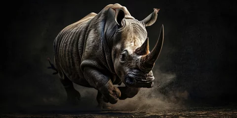 Zelfklevend Fotobehang rhino running in the dust on black background © Landscape Planet