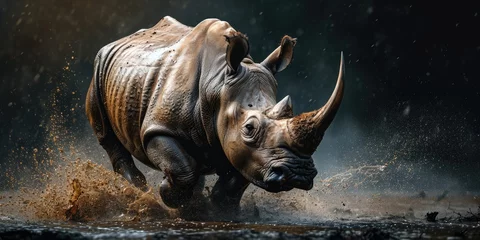 Fotobehang rhino running in the dust on black background © Landscape Planet