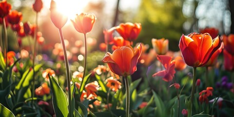 the light of the sun shining on a colorful day with many tulips