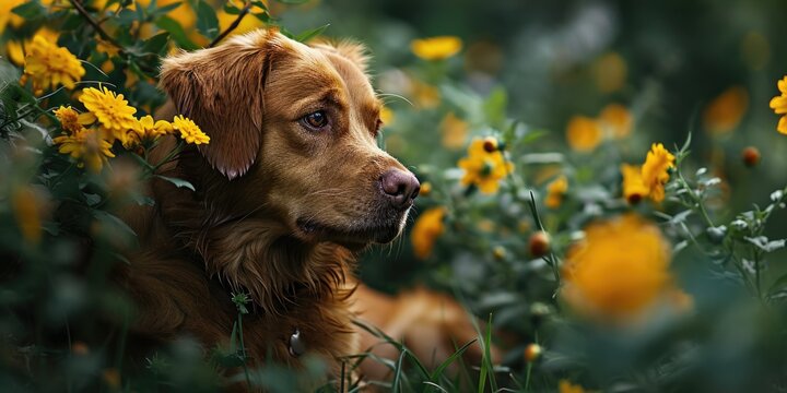 the dog is in amongst the flowers stock pictures, in the style of dark amber and white
