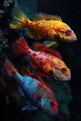 three tropical fish swimming next to each other in a dark ocean