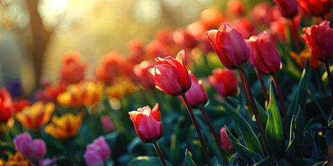 tulips with sun and clear morning sky, in the style of pastel color schemes - obrazy, fototapety, plakaty