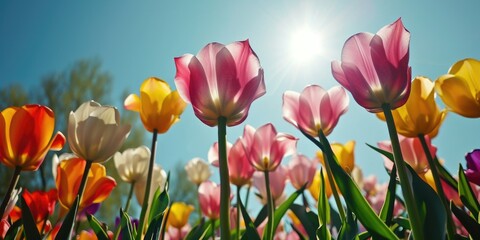 tulips with sunlight background, sun rays and bright flowers, in the style of light teal and light yellow